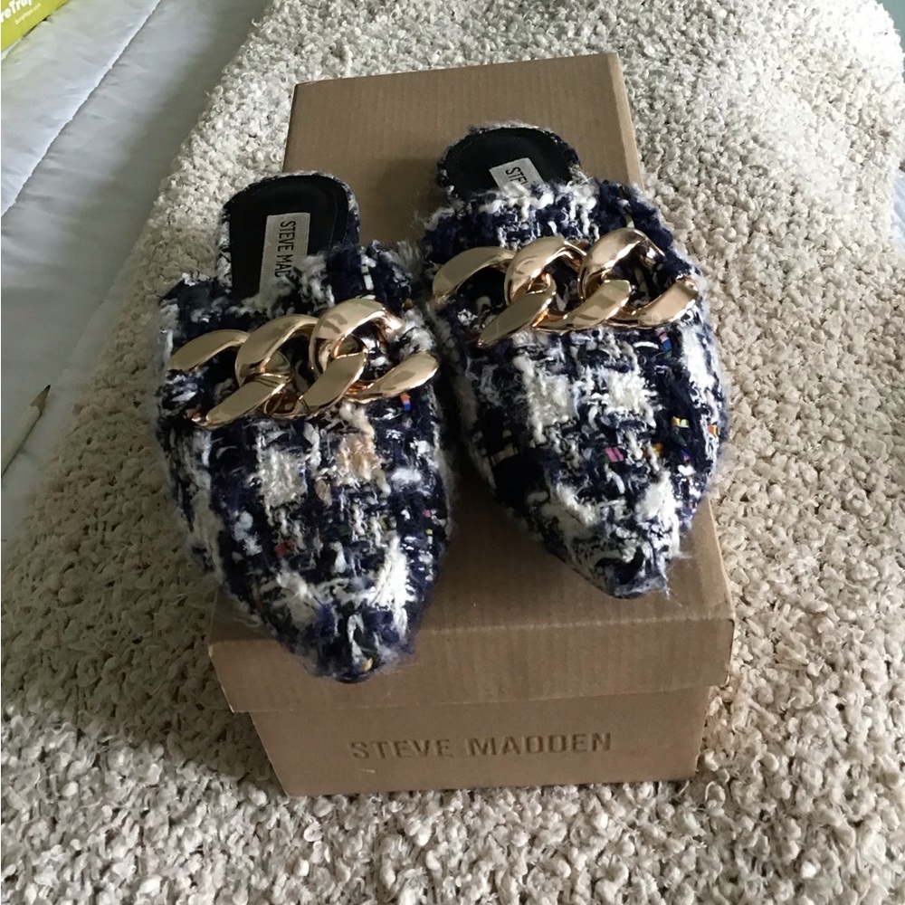 Steve Madden Blue Plaid and Gold Buckle Mules